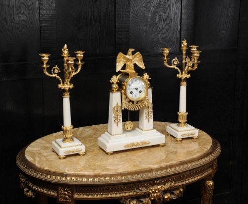 fig 2. Antique French Empire Ormolu and Marble Portico Clock Set ~ Eagle
