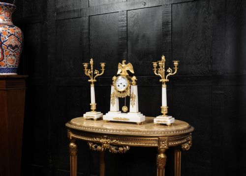 fig 3. Antique French Empire Ormolu and Marble Portico Clock Set ~ Eagle