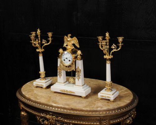 fig 4. Antique French Empire Ormolu and Marble Portico Clock Set ~ Eagle
