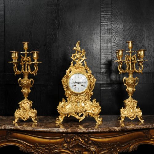 fig 1. Large Antique French Rococo Gilt Bronze Clock Set