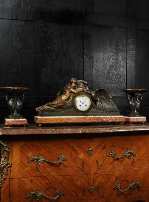 Art Deco French Clock Set - Leda and the Swan by Pierre Sega