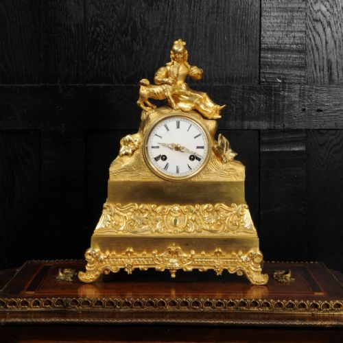 Early Japy Freres Ormolu Antique French Clock ~ a Girl with Her Dog