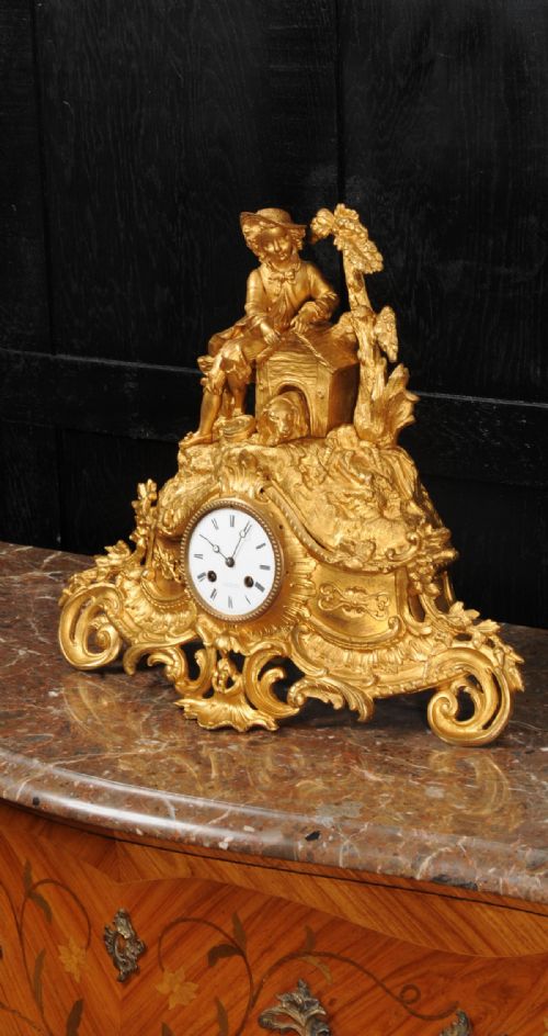 Early Gilt Bronze Antique French Clock Dog and Master