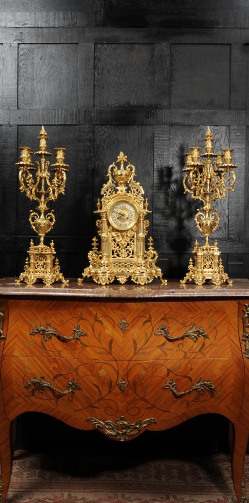 Huge Antique Baroque Gilt Bronze Clock Set