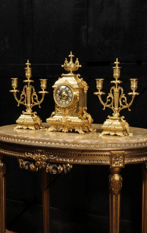 Japy Freres Gilt Bronze Baroque Antique Clock Set