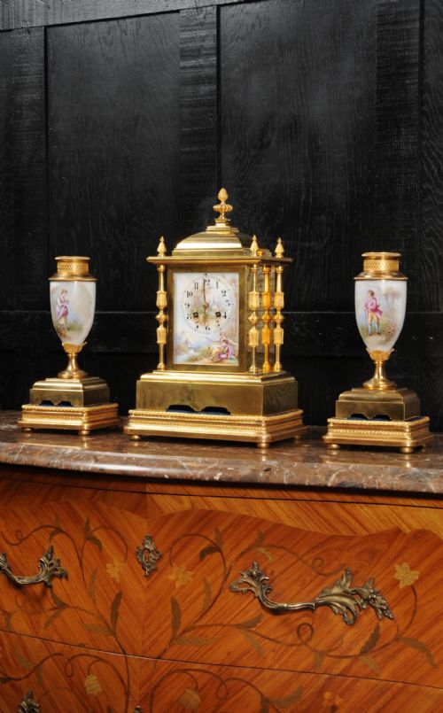 Japy Freres Porcelain and Ormolu Clock Set ~ Love