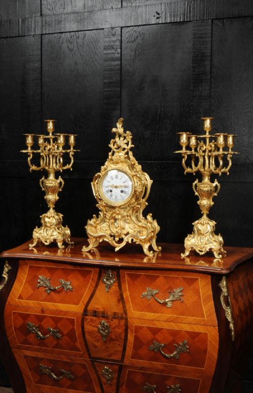 Large Antique French Rococo Gilt Bronze Clock Set