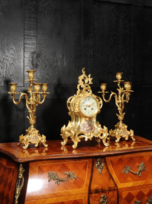 Cloisonné Enamel Mounted Antique French Gilt Bronze Clock Set