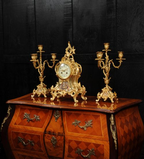 fig 1. Cloisonné Enamel Mounted Antique French Gilt Bronze Clock Set