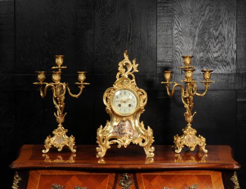 fig 4. Cloisonné Enamel Mounted Antique French Gilt Bronze Clock Set
