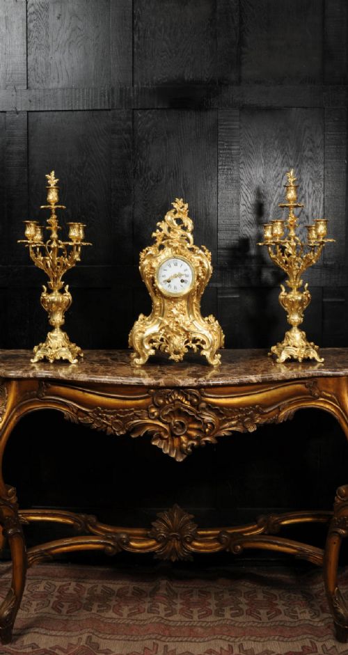 Japy Freres Antique French Large Rococo Gilt Bronze Clock Set