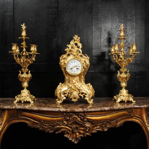 fig 1. Japy Freres Antique French Large Rococo Gilt Bronze Clock Set