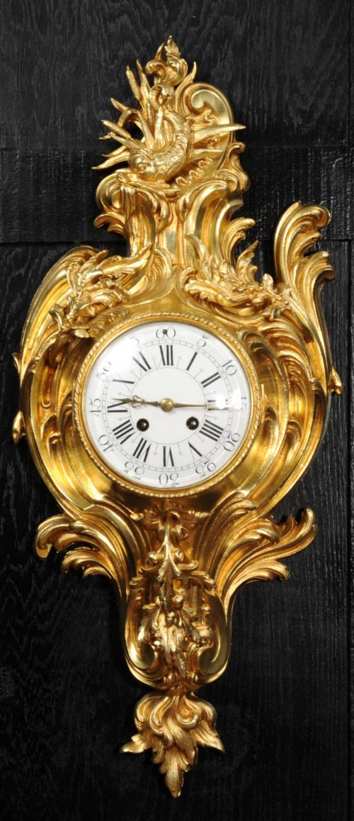 Antique French Ormolu Rococo Cartel Wall Clock - Dolphin