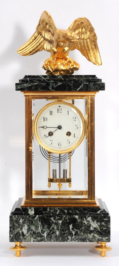 empire ormolu and green marble four glass antique french clock eagle - CATEGORY: ANTIQUE CLOCKS - DATED 1890