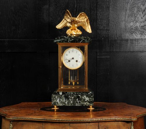 EMPIRE ORMOLU AND GREEN MARBLE FOUR GLASS ANTIQUE FRENCH CLOCK EAGLE - ADDITIONAL PHOTO 1