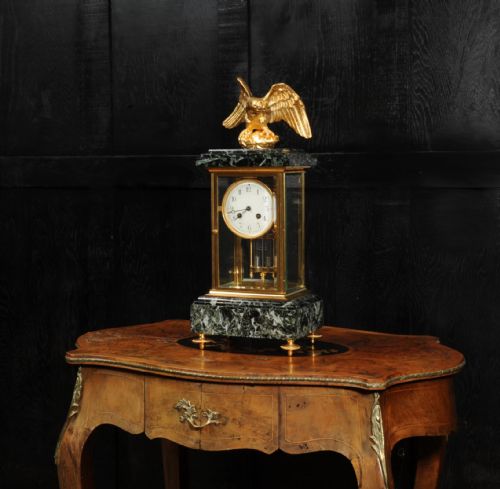 EMPIRE ORMOLU AND GREEN MARBLE FOUR GLASS ANTIQUE FRENCH CLOCK EAGLE - ADDITIONAL PHOTO 2