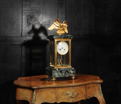 EMPIRE ORMOLU AND GREEN MARBLE FOUR GLASS ANTIQUE FRENCH CLOCK EAGLE - ADDITIONAL PHOTO 3