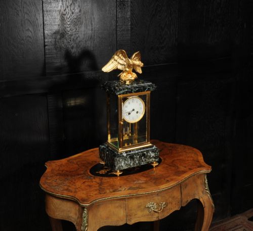 EMPIRE ORMOLU AND GREEN MARBLE FOUR GLASS ANTIQUE FRENCH CLOCK EAGLE - ADDITIONAL PHOTO 5