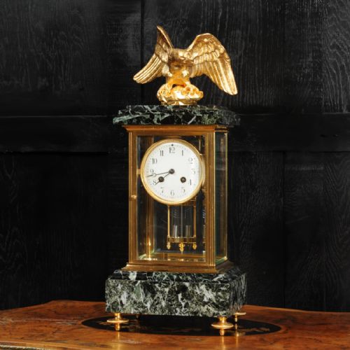 EMPIRE ORMOLU AND GREEN MARBLE FOUR GLASS ANTIQUE FRENCH CLOCK EAGLE - ADDITIONAL PHOTO 6