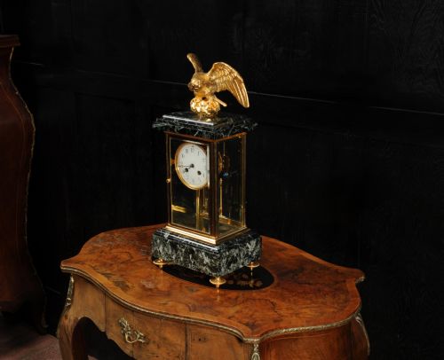 EMPIRE ORMOLU AND GREEN MARBLE FOUR GLASS ANTIQUE FRENCH CLOCK EAGLE - ADDITIONAL PHOTO 7