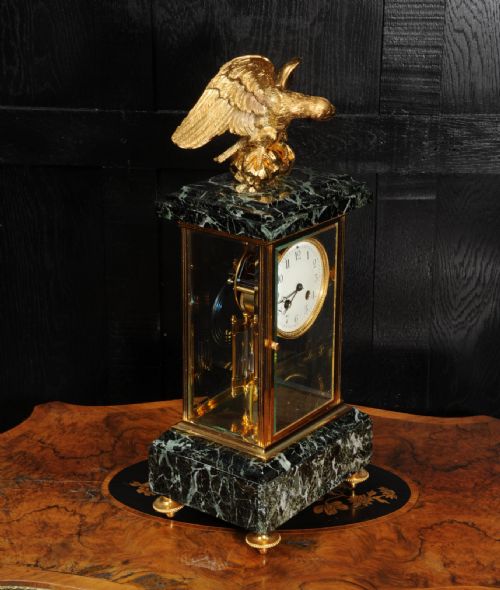 EMPIRE ORMOLU AND GREEN MARBLE FOUR GLASS ANTIQUE FRENCH CLOCK EAGLE - ADDITIONAL PHOTO 8
