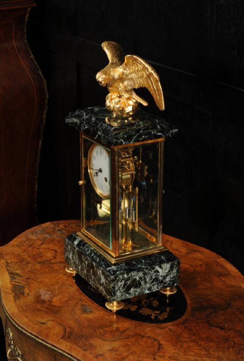 EMPIRE ORMOLU AND GREEN MARBLE FOUR GLASS ANTIQUE FRENCH CLOCK EAGLE - ADDITIONAL PHOTO 9