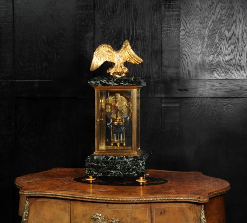 EMPIRE ORMOLU AND GREEN MARBLE FOUR GLASS ANTIQUE FRENCH CLOCK EAGLE - ADDITIONAL PHOTO 11