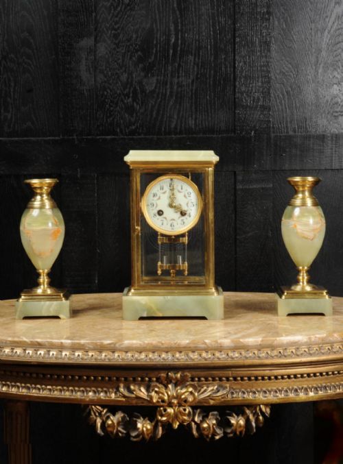 Antique French Four Glass Crystal Regulator Clock Set in Onyx and Ormolu