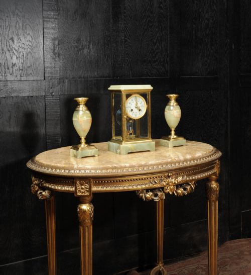 fig 1. Antique French Four Glass Crystal Regulator Clock Set in Onyx and Ormolu