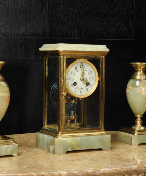 fig 2. Antique French Four Glass Crystal Regulator Clock Set in Onyx and Ormolu