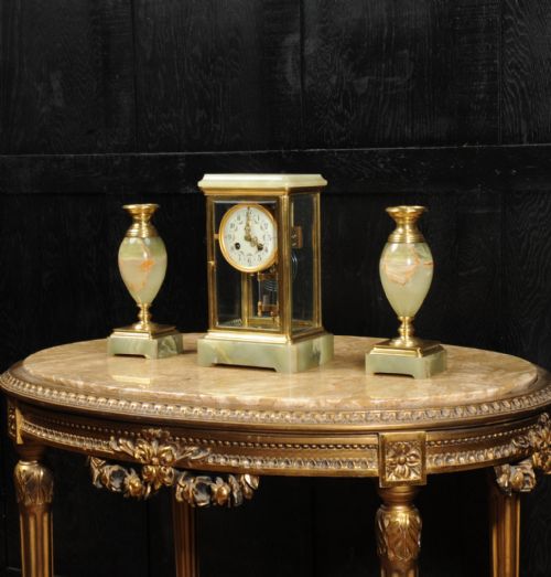 fig 3. Antique French Four Glass Crystal Regulator Clock Set in Onyx and Ormolu