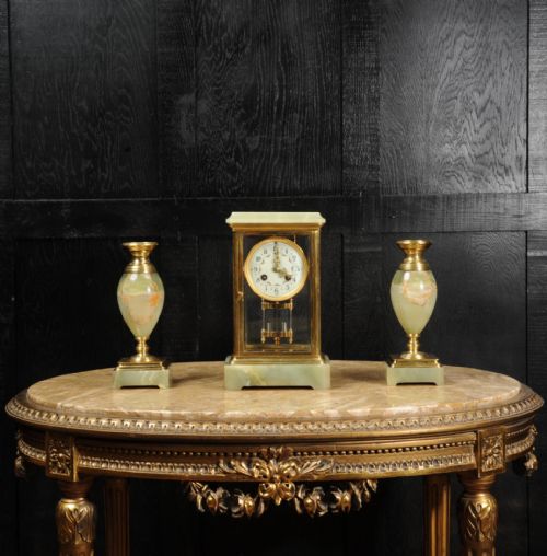 fig 4. Antique French Four Glass Crystal Regulator Clock Set in Onyx and Ormolu