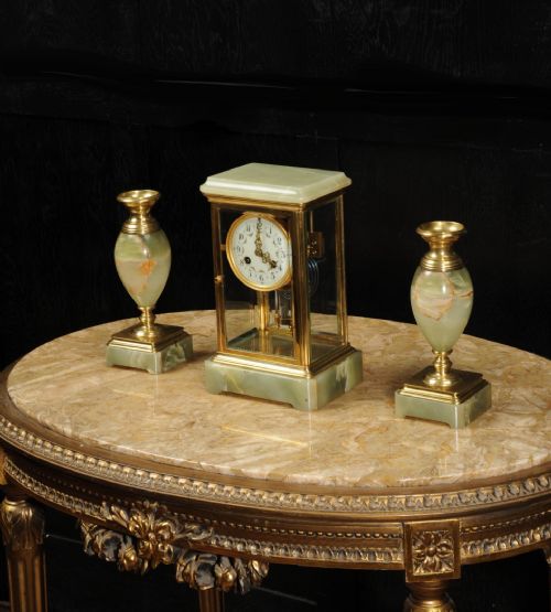 fig 5. Antique French Four Glass Crystal Regulator Clock Set in Onyx and Ormolu
