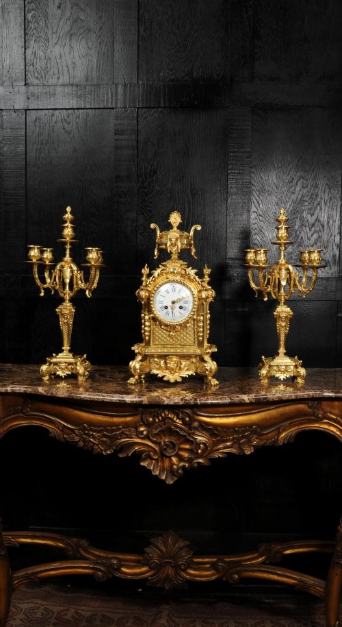 Antique French Gilt Bronze Baroque Clock Set