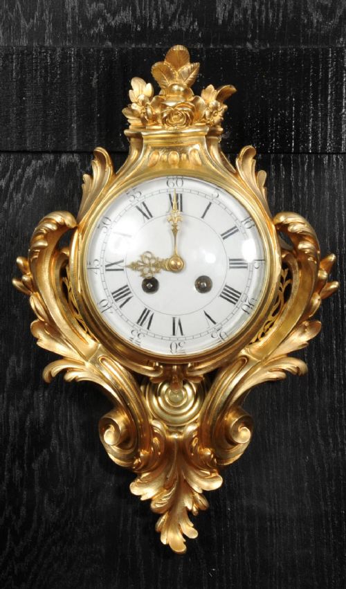 Antique French Louis Xv Gilt Bronze Cartel Wall Clock