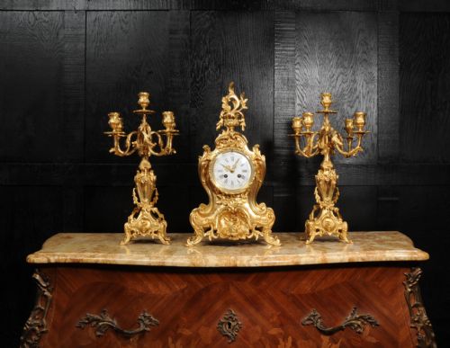 fig 1. Large Antique French Ormolu Rococo Clock Set ~ Dolphins