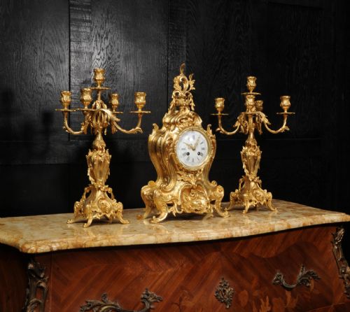 fig 3. Large Antique French Ormolu Rococo Clock Set ~ Dolphins