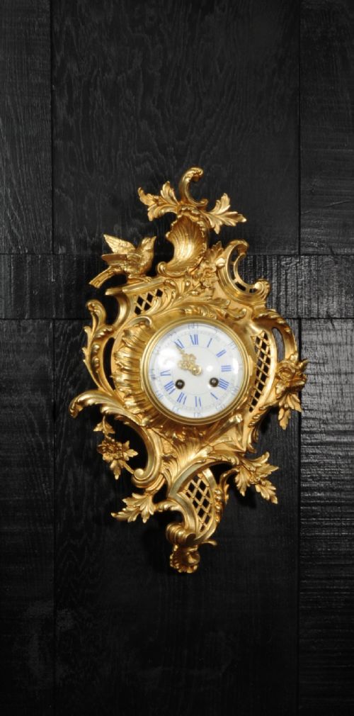 Antique French Gilt Bronze Rococo Cartel Wall Clock by Japy Freres
