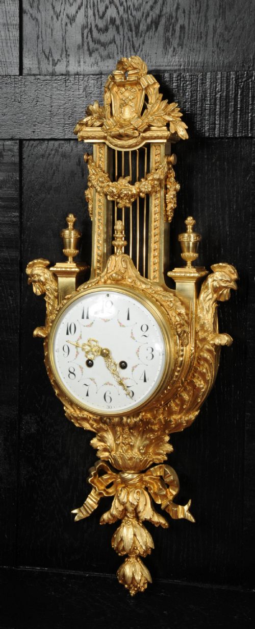 Antique French Neoclassical Ormolu Lyre Cartel Wall Clock