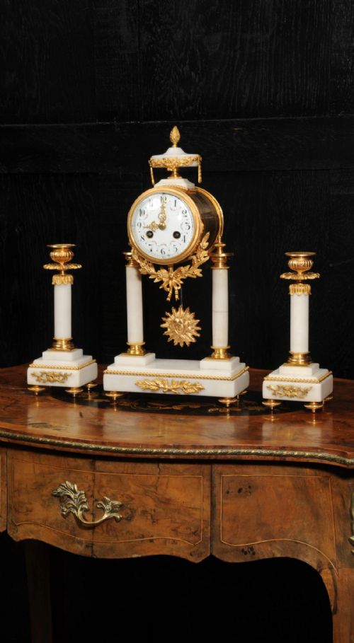 Antique French Ormolu and Marble Portico Clock Set