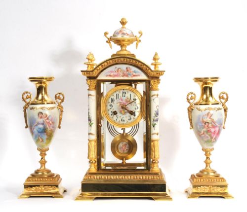 Sevres Porcelain and Ormolu Four Glass Antique French Clock Set
