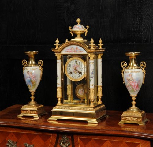 fig 1. Sevres Porcelain and Ormolu Four Glass Antique French Clock Set