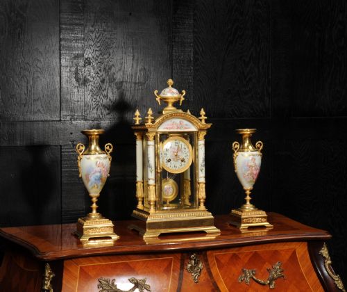 fig 2. Sevres Porcelain and Ormolu Four Glass Antique French Clock Set