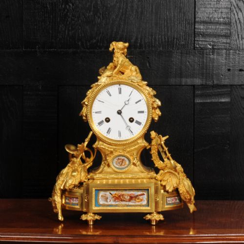fig 1. Fine Ormolu and Sevres Porcelain Clock Antique French - Gun Dog