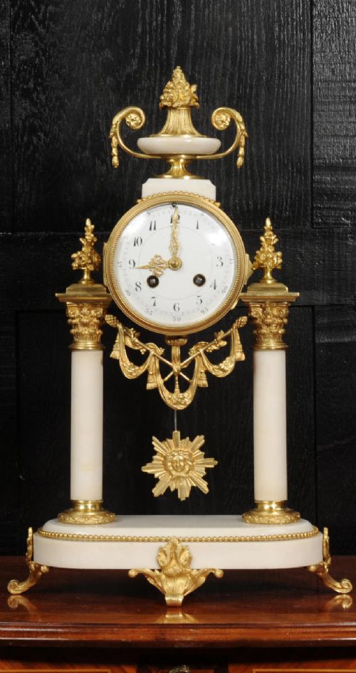 Antique French White Marble and Ormolu Portico Clock