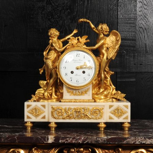 Antique French Ormolu and Marble Clock Cupid and Psyche by Bagues Freres, Paris