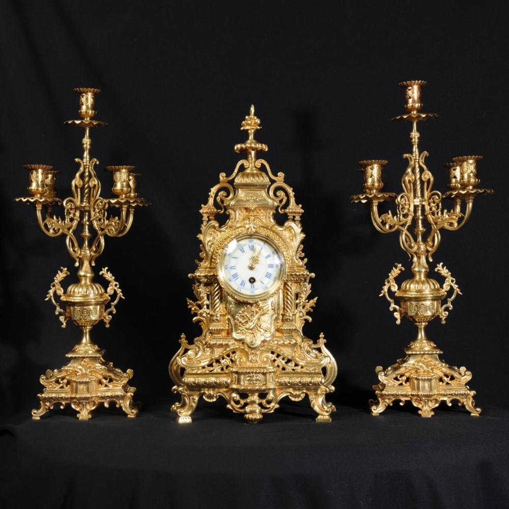 Stunning Louis XVI Gilt Brass Candelabra Clock Set