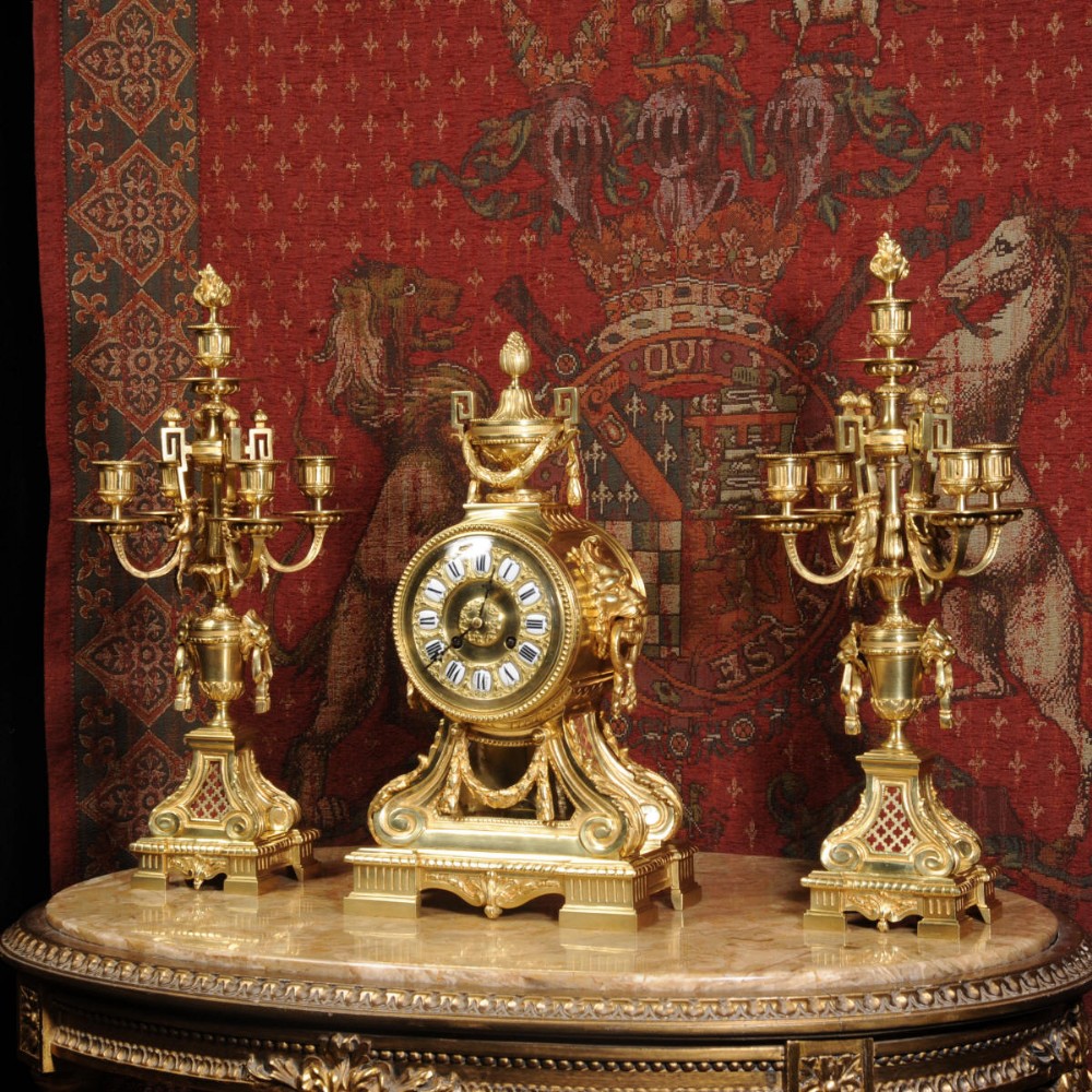 Magnificent Gilt Bronze Drum Head Clock Set by Henry Marc, Paris