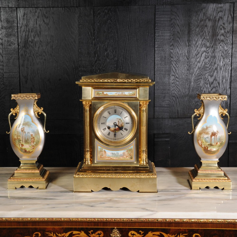 Large St Denis Porcelain Mounted Gilt Bronze Clock Set
by Achilles Brocot 