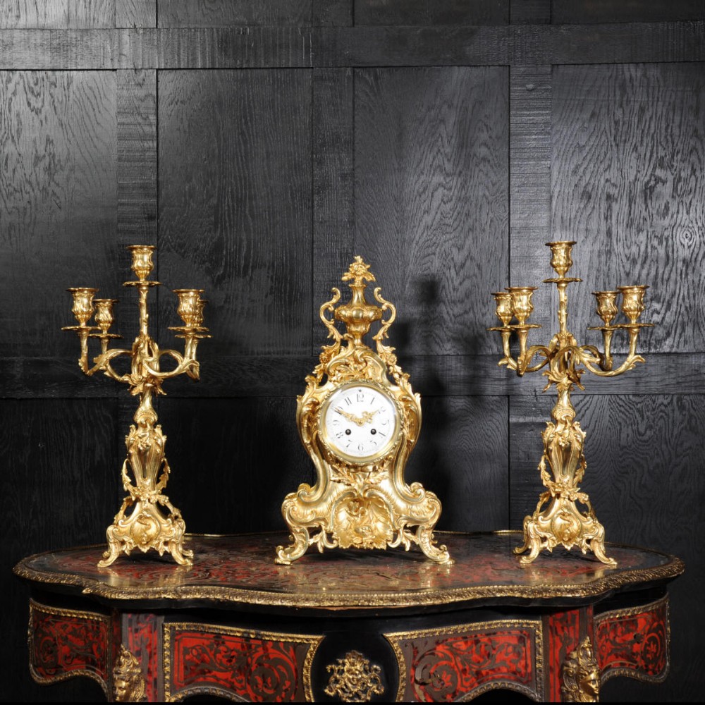 Stunning Antique French Gilt Bronze Rococo Clock Set ~ Dolphins